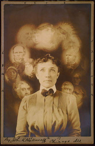 Woman with spirits appearing behind her